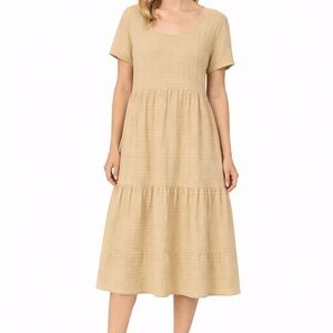 Oak + Fort Tiered Cotton Cottagecore Midi Dress – Neutral Beige – Size Small